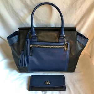 Coach Legacy Colorblock Candace Navy & Black tassel Tote and Wallet